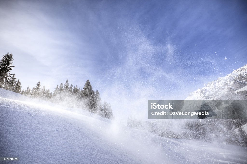 Frozen in Time Powder snow suspended in mid-air just a split second after the action. Wind Stock Photo