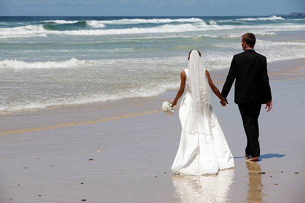 istock Newlywed Couple Walking on the Beach 157570446
