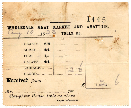 A receipt issued by a British wholesale meat market and abattoir in 1923.