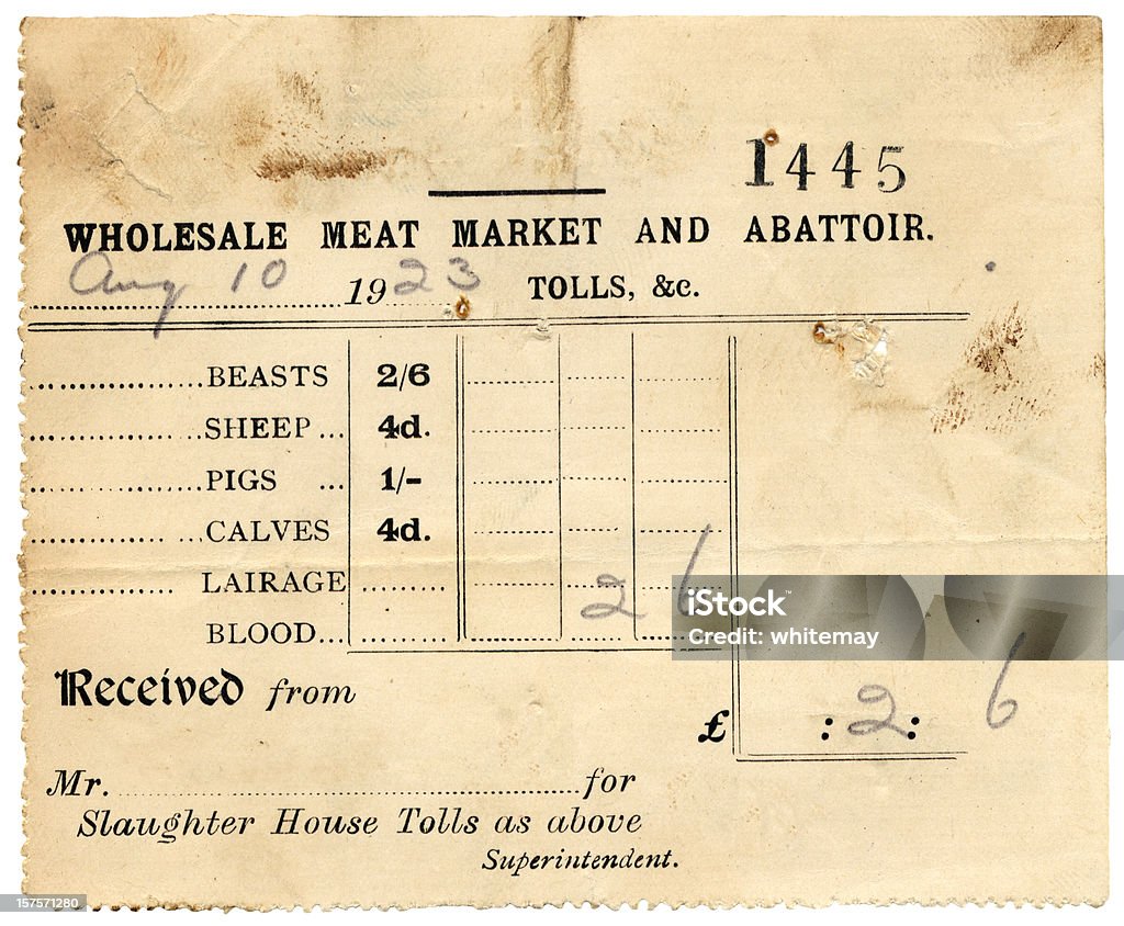 British meat market and abattoir receipt from 1923 A receipt issued by a British wholesale meat market and abattoir in 1923. Old-fashioned Stock Photo