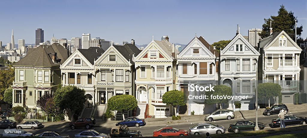 San Francisco Alamy fila casas victorianas villas icono panorama de California - Foto de stock de Panorama urbano libre de derechos