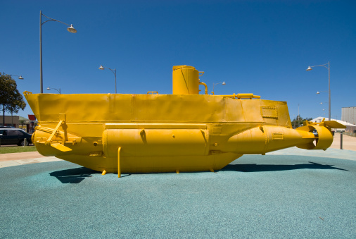 Toulon, France - March 24 2019: The FNRS III bathyscaphe is a former submarine vehicle intended for exploration at great depth which is now on display in the gardens of the Tour Royale opposite the harbor of Toulon.