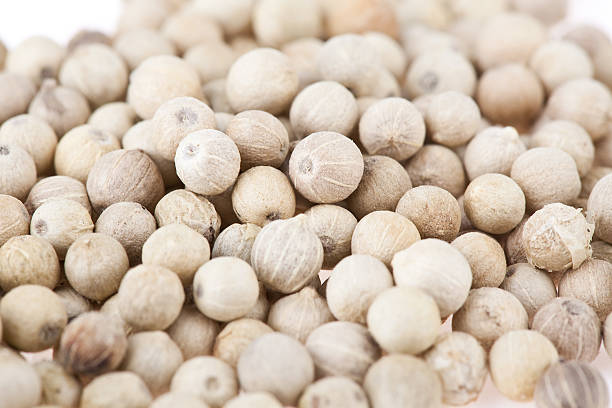 Pile of white peppercorns macro