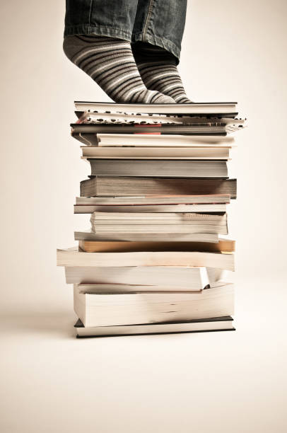 istock Tiptoed Librarian over pile of books 157571667
