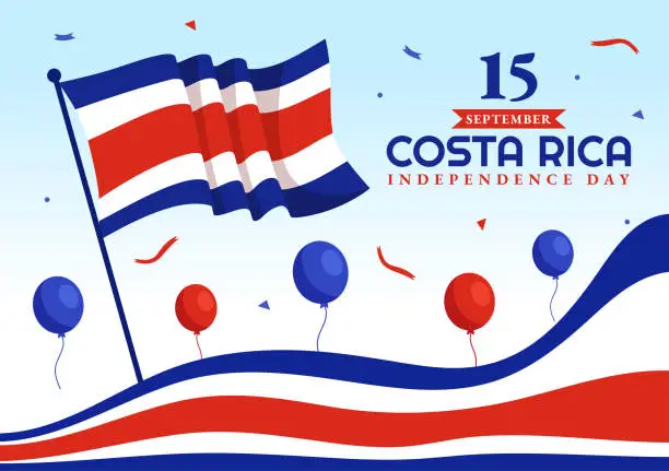 Vector illustration of Happy Independence Day of Costa Rica Vector Illustration on September 15 with Waving Flag Background and Confetti in Hand Drawn Templates