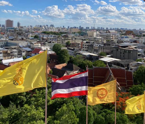 istock Thailand and Buddha flags on golden mountain 1575722212
