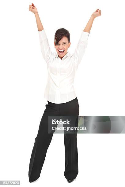 Entusiasta Joven Mujer De Negocios En Blanco Foto de stock y más banco de imágenes de Mujeres - Mujeres, Una sola mujer, Alzar los brazos