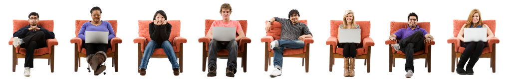 Eight students in armchairs,some with laptops. Isolated on a white background