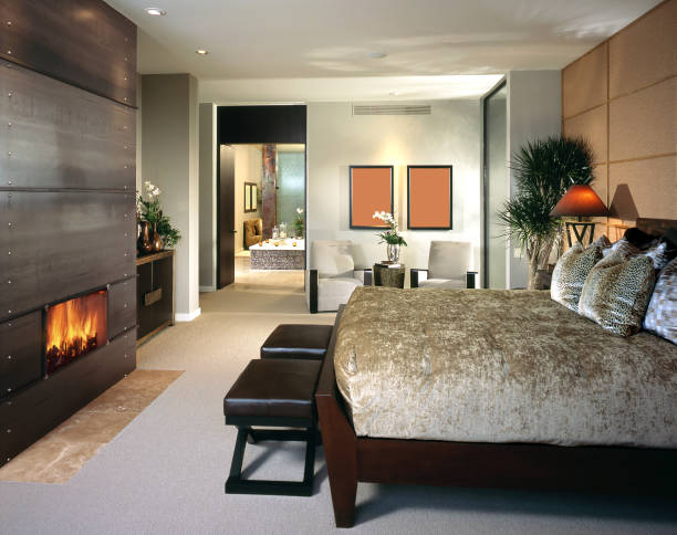 View of a spacious bedroom with dark wood furniture at home