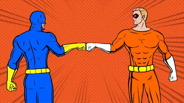 Vector illustration of Vector Pop Art Superheroes Doing Fist Bump Stock Illustration