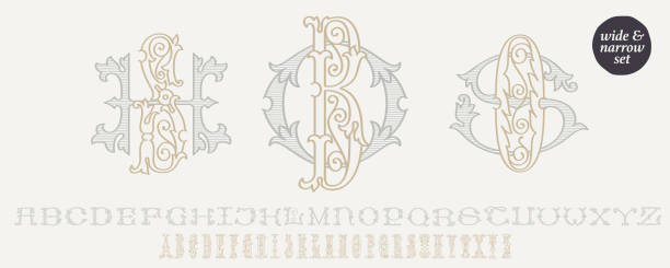 Wedding monograms creator kit A-Z. Elegant historical style. Set includes Wide and Narrow. This set includes Wide and Narrow capitals for your own emblem. Find full set in my profile. crest design stock illustrations