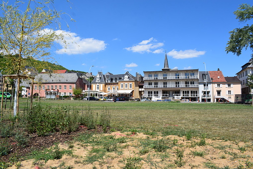 Sulzbach, Germany - November, 18 - 2020: Gasthof Krone and church behind this inn at the market square,