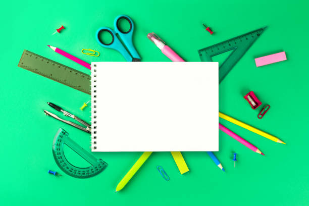 istock Flat lay composition with school supplies. composition with colorful stationery and whitenotebook, copy space. Back top school concept. Top view, overhead. 1575751354