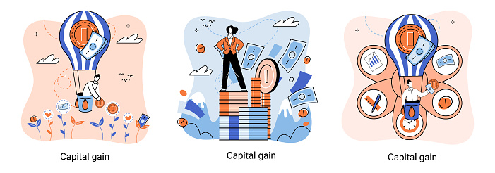 Capital gain, net income, monetary profit and growing graph up. Economic growth, income from investments. Metaphor of business success. Difference between purchase price of an asset and its sale price