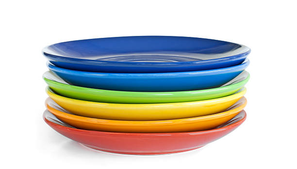 rainbow-gerichte - plate dishware stack multi colored stock-fotos und bilder