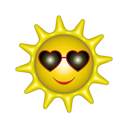 Smiling summer cartoon cute sun with heart shaped sunglasses isolated on white background, sun emoticon. 3d rendering