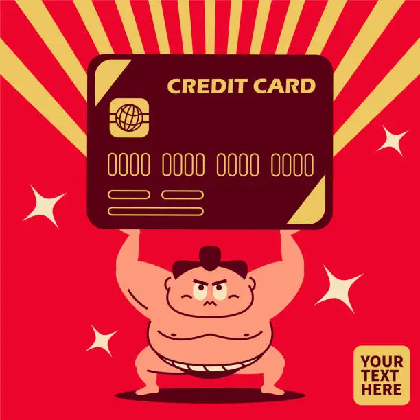 Vector illustration of Sumo wrestler crouching, arms raised, holding up a large credit card