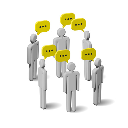 Conversation between people, many 3d humans with idea bubbles. Discussion, dispute,  talk, speech icon. Social network group of people, news social networks, meeting chat. 3D vector illustration
