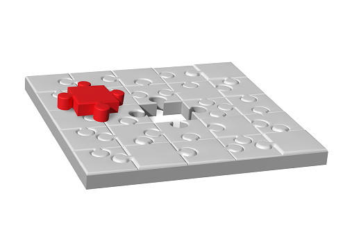 Missing jigsaw puzzle pieces in unfinished work, strategy and solution business concept, new puzzle piece insert. Jigsaw puzzle with a missing red piece to complete. Isolated 3D illustration on white background.
