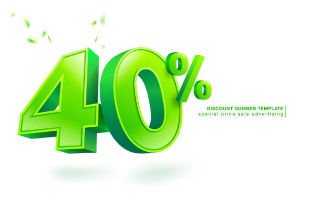40 percent discount template 40 percent discount. Green lettering template on 40% numbers in three dimensional style. Use for promotional ads in special sale isolated on white background. illustration vector file. 40 off stock illustrations