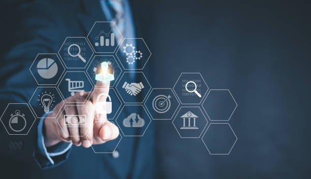 istock Human resource  management concept on a virtual screen interface with business people in the background and icons on training information technology recruitment. 1575791046