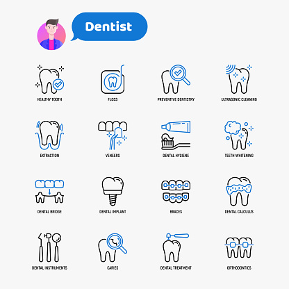 Dentist thin line icons set: dental instruments, caries under magnifier, orthodontics, tooth extraction, veneers, tooth whitening, implant, braces, calculus, ultrasonic cleaning. Vector illustration.