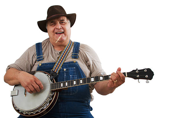 Bluegrass Banjo Player Man a man playing and singing with a banjo isolated on white. banjo stock pictures, royalty-free photos & images