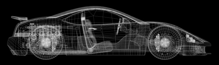 A wireframe schematic of a sports car on a black background. My own sports car design. Very high resolution 3D render.