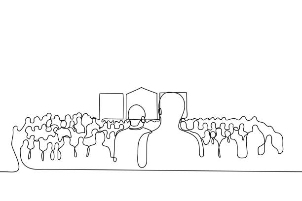 Huge crowd at a concert - one line drawing vector. Outdoor mass event concept Huge crowd at a concert - one line drawing vector. Outdoor mass event concept concert crowd stock illustrations