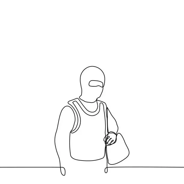 Vector illustration of man in balaclava in body armor with a big bag on his left shoulder - one line drawing vector. bank robber concept, law enforcement representative