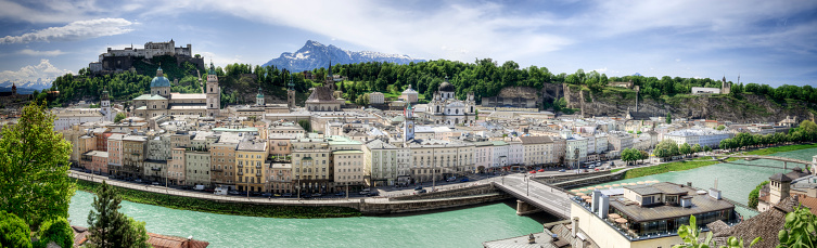 Full panoramic image of Salzburg's famous old town with Alps in the background. Image is composition of 4 separate photos.