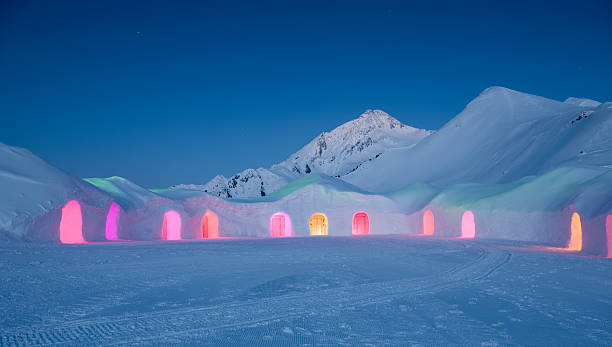 Igloo Village at Night (XXXL) Igloo Village almost 10000 feet above sea level at night. -28 Celsius. Longtime exposure. igloo stock pictures, royalty-free photos & images