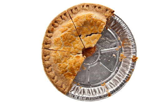 An apple pie with three pieces missing on a pure white background.PLEASE CLICK HERE FOR MORE DELICIOUS PIES