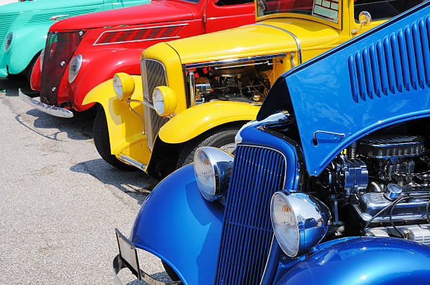 Line of Streetrod and Hotrod Cars at Car Show  car show photos stock pictures, royalty-free photos & images