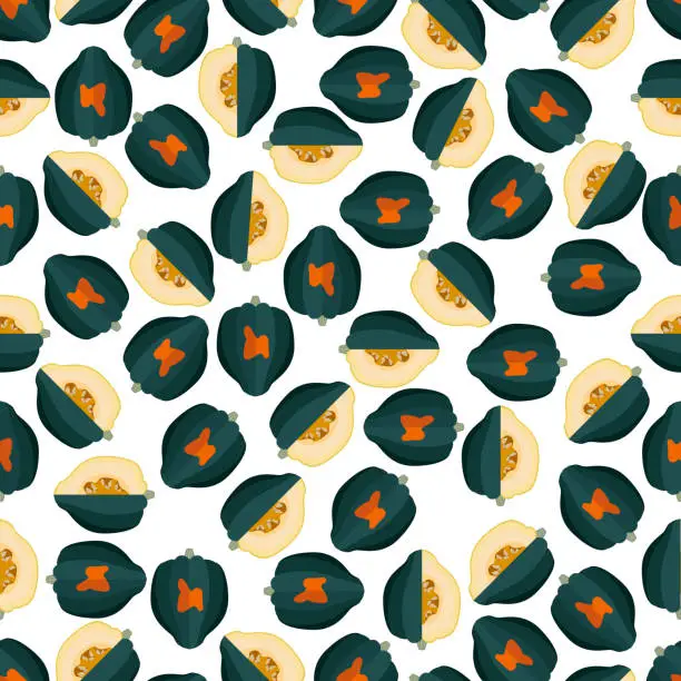 Vector illustration of Seamless pattern with Acorn squash or Honey bear squash. Des Moines squash. Tuffy squash. Winter squash. Cucurbita pepo. Fruit and vegetables. Flat style. Isolated vector illustration.