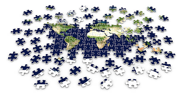 mapa mundial - portion blue jigsaw puzzle puzzle fotografías e imágenes de stock