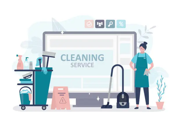 Vector illustration of Online order cleaning service on website or app. Housekeeper, woman dressed in uniform with cleaning equipment. Female character doing housework. Professional occupation.