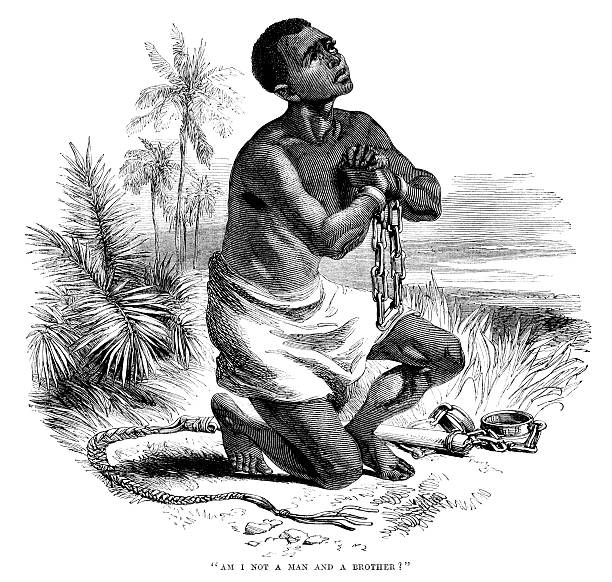 Iconic anti-slavery image of slave in shackles (1875 illustration) "Am I not a man and a brother?" An iconic anti-slavery illustration based upon the medallion produced by Josiah Wedgwood in 1787 as an important contribution to the movement for the Abolition of Slavery. (From "The Family Friend" published by S.W. Partridge & Co., London, 1875.) The abhorrent business of trading in slaves was outlawed in Britain in 1807. loin cloth stock illustrations