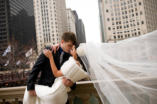 Bride and Groom in Chicago on the Miracle Mile stock photo