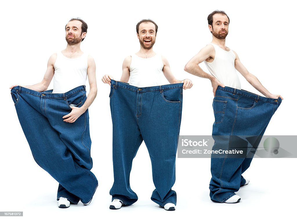Очень узкие брюки человек и его большой - Стоковые фото Белый фон роялти-фри