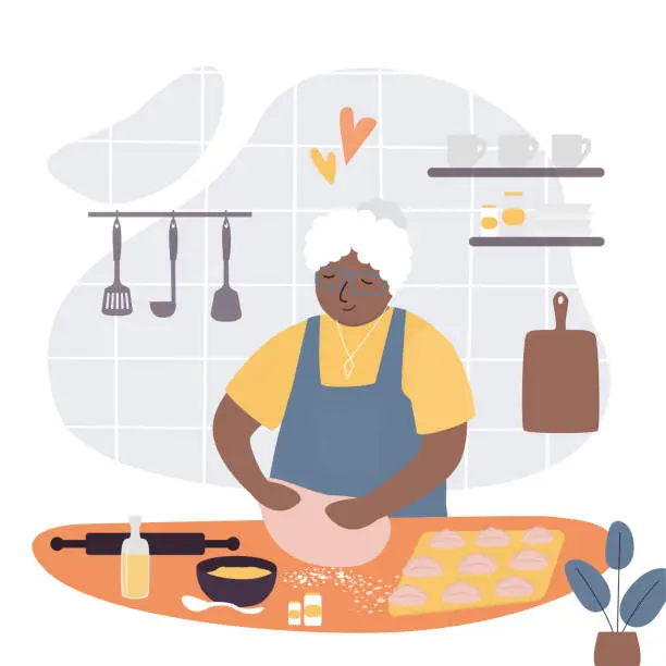 Vector illustration of Happy granny cook cupcakes or pies. African american grandmother in apron on kitchen. Senior woman character on Thanksgiving day. Elderly female character home cook with delicious pastries.