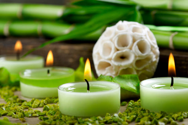 istock Green candles and bamboo decoration 157582116