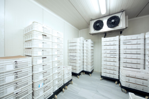 Stacked meat and burger packs are at -30 degrees celcius in a meat processing factory. 