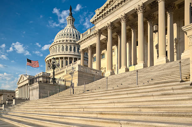 United States Capitol Detail view of the US Capitol east facade in the early morning sun. capitol building washington dc photos stock pictures, royalty-free photos & images