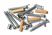 Set of screws, pins and wooden dowels for furniture assembly