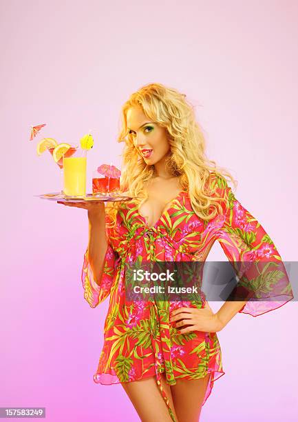 Summer Portrait Of A Beautiful Blonde Woman With Tropical Drinks Stock Photo - Download Image Now
