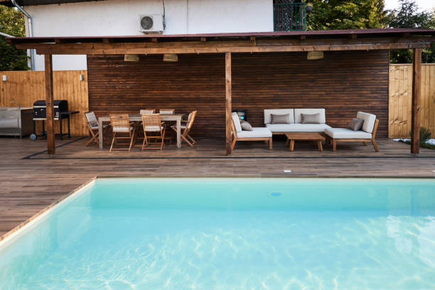 istock Modern patio by the swimming pool. 1575833764
