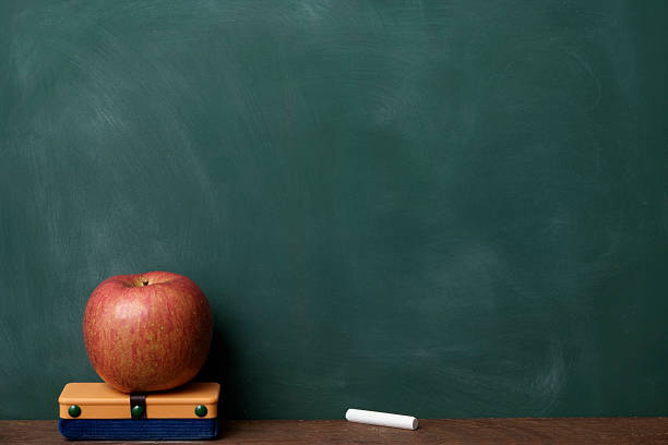 istock Red apple with eraser and chalk in front of blackboard 157583548