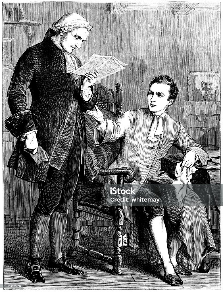 Два XVIII века мужчин обсудить Газетная статья (викторианский иллюстрация - Стоковые иллюстрации Газета роялти-фри