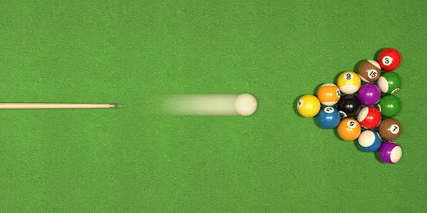 An overhead view of a pool table. Very high resolution 3D render.